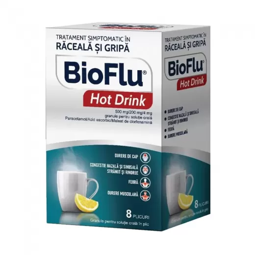 Bioflu Hot Drink 500 mg/200 mg/4 mg, 8 plicuri, Biofarm